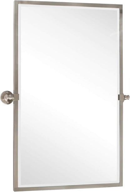 TEHOME 28.5 x 36 inch Brushed Nickel Metal Framed Pivot Rectangle Bathroom Mirror in Stainless Steel Tilting Beveled Vanity Mirrors for Wall
