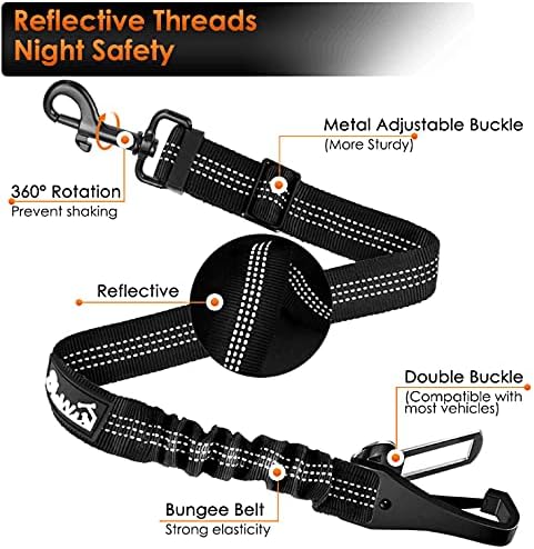 SlowTon Dog Seat Belt, Adjustable Dog Safety Belt Leash, 2 in 1 Latch Bar Attachment Dog Car Seatbelt with Elastic Nylon Bungee Buffer, Reflective Nylon Belt Tether Connect to Dog Harness (Black)-Mewly Pet