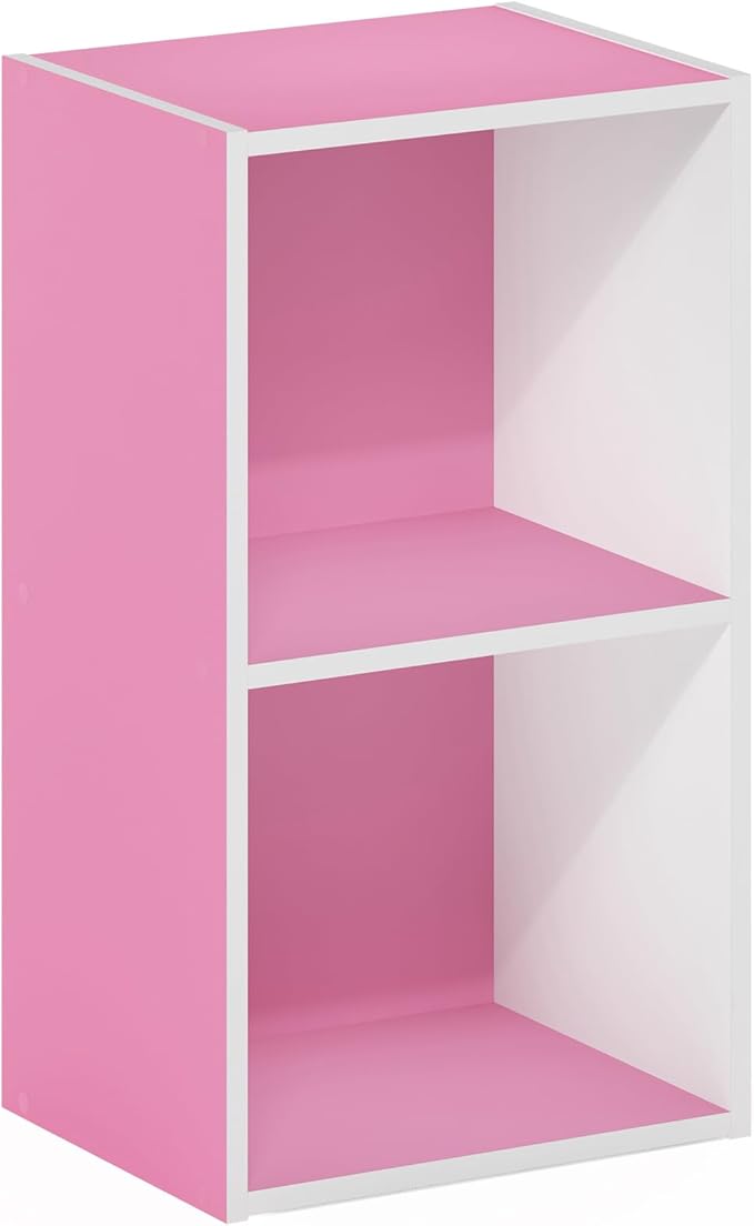 Furinno PASIR Book Shelf, 2-Tier Modern Bookshelf, Open Shelves Bookcase 9" x 12" x 21", for Living Room, Bedroom, Home Office, Pink/White