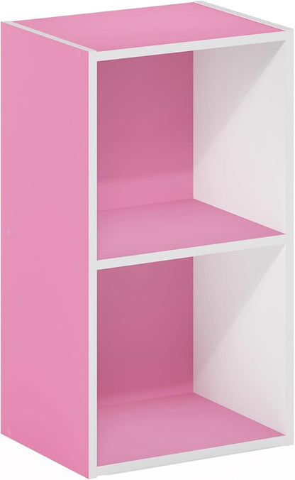Furinno PASIR Book Shelf, 2-Tier Modern Bookshelf, Open Shelves Bookcase 9" x 12" x 21", for Living Room, Bedroom, Home Office, Pink/White