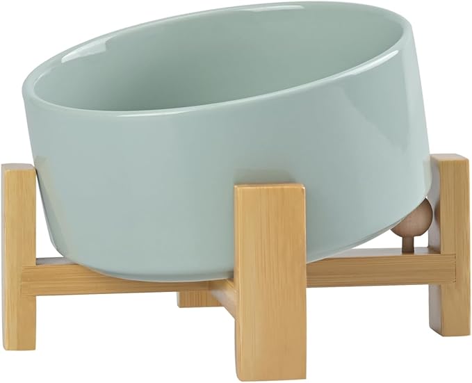 SPUNKYJUNKY 15° Slanted Ceramic Dog and Cat Bowl with Wooden Stand, Tilted Bulldog Food and Water Bowl No Slip Non-Spill for Cats Medium Dogs Big Face Pets 28.7 OZ (3.6 Cups, Morandi Green)-Mewly Pet