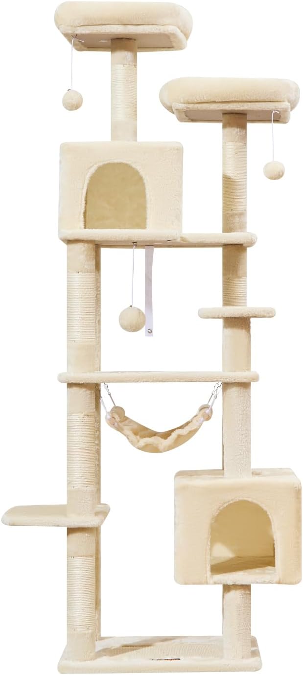 Taoqimiao Cat Tree, 68-Inch Cat Tree Cat Tower for Indoor Cats, Plush Multi-Level Cat Condo with 6 Scratching Posts, 2 Perches, 2 Caves,Hammock, 3 Pompoms,MS020SM Beige-Mewly Pet