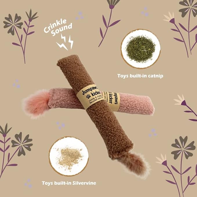 2 Pack Natural Interactive Catnip & Silvervine Cat Kicker with Tail, Bite Resistant Chew Toy, Crinkle Kicker, Accessories for Indoor Cat, Sherpa Material-Mewly Pet