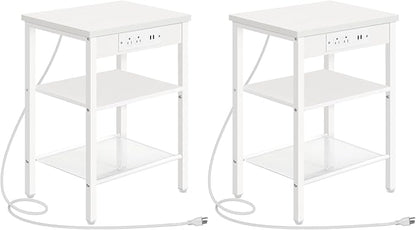 HOOBRO Side Tables Set of 2 with Charging Station and USB Ports, Small End Tables for Small Space, 3-Tier Nightstands with Adjustable Shelf, for Living Room, Bedroom and Balcony, White WW112BZP201