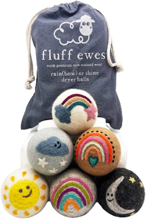 Fluff Ewes Wool Dryer Balls 6 Pack Premium New Zealand Wool Laundry Balls for Dryer, No Static Dryer Balls Laundry Reusable, XL Wool Dryer Balls Cute, Baby Dryer Balls for Dryers - Rainbow or Shine-Mewly Pet