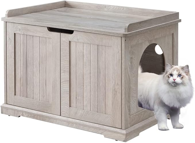 unipaws Cat Litter Box Enclosure Furniture, Hidden Litter Box Cover Washroom, Dog Proof Cabinet for Large Cat, Hideaway House, Weathered Grey-Mewly Pet