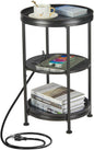 Dulcii Round Side Table with Charging Station, 24'' End Table with 3 Shelves for Living Room, Bedroom Nightstand with Steel Frame for Small Spaces, Industrial Round Sofa Table (USB+Black)