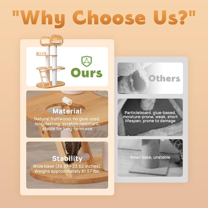 63.6'' Modern Cat Tree Indoor, Solid Wood Cat Tree with Scratching Post for Multi-Cat Families, Tall Cat Tower with Auxiliary Stairs, Huge Condo for Large Cats-Mewly Pet