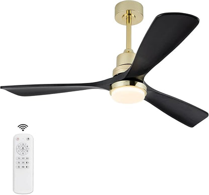 BOJUE 52 Inch Black and Gold Ceiling Fans with Lights and Remote, Solid Wood Fan Blades, Dimmable, Modern Ceiling Fan with Light for Indoor/Outdoor Patio Bedroom