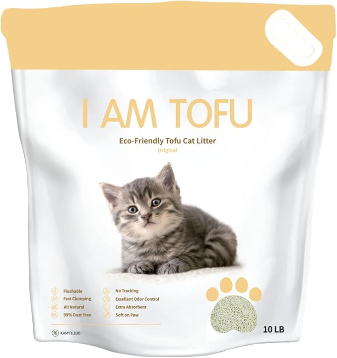 I AM TOFU - Tofu Cat Litter, Natural, Flushable, Dust Free, Extra Clumping Pellet Litter (10 LBS, Original)-Mewly Pet