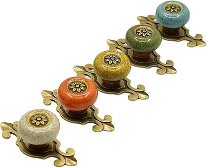 5 Pack Retro Ceramic Knobs,Vintage Dresser Kitchen Petal Cabinet Pulls Rustic Zinc Alloy Base Back Plate Kid Cupboard Wardrobe Drawer Door Handles (Leopard Print Green)