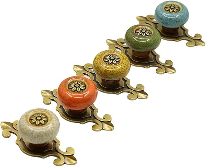 10 Pack Retro Ceramic Knobs,Vintage Dresser Kitchen Petal Cabinet Pulls Rustic Zinc Alloy Base Back Plate Kid Cupboard Wardrobe Drawer Door Handles (Leopard Print White)