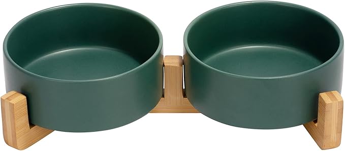 SPUNKYJUNKY Ceramic Dog and Cat Bowl with Wood Stand Non-Slip Matte Glaze Weighted Food Water Set for Cats &Small Dogs 13.5 OZ Green-Mewly Pet