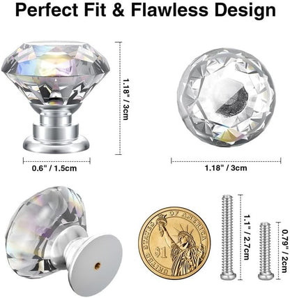 POZEAN Crystal Cabinet Knobs 30Pack, 1.18inch Dresser Knobs for Cabinet, Drawer with Two Different Sizes Screws, Diamond Glass Pulls Handles (30mm, 30Pack, Clear-Silver)
