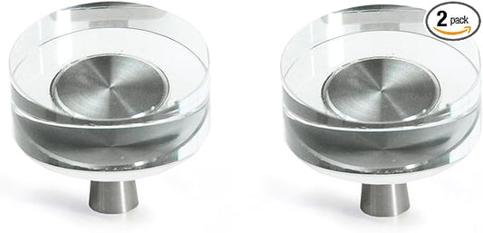 JEREVER 2 Pack Glass Crystal Knobs Brushed Nickel Drawer Pull Cabinet Handle for Dresser Kitchen (Round)