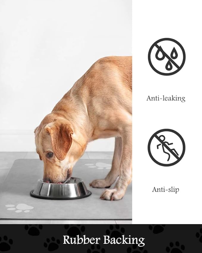 Pet Feeding Mat-Absorbent Dog Mat for Food and Water Bowl-No Stains Quick Dry Dog Water Dispenser Mat（LIGHTGREY,17"x34"-Mewly Pet