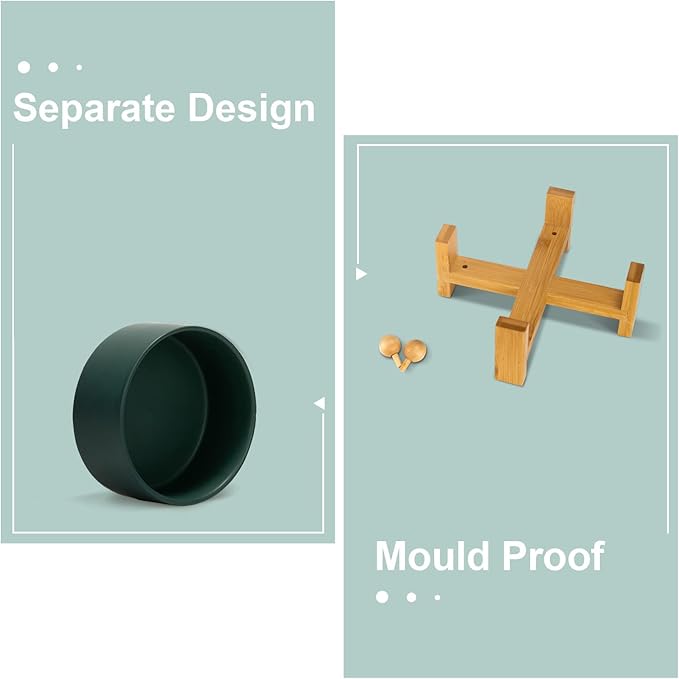 SPUNKYJUNKY 15° Slanted Ceramic Dog and Cat Bowl with Wooden Stand, Tilted Bulldog Food and Water Bowl No Slip Non-Spill for Cats Medium Dogs Big Face Pets 28.7 OZ (3.6 Cups, Green)-Mewly Pet