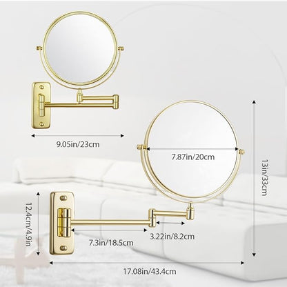 Cerdeco 8 Inch Double Sided Makeup Wall Mount Mirror with Gold Plated Finish 360 Swivel Extendable Cosmetic Shaving Mirror