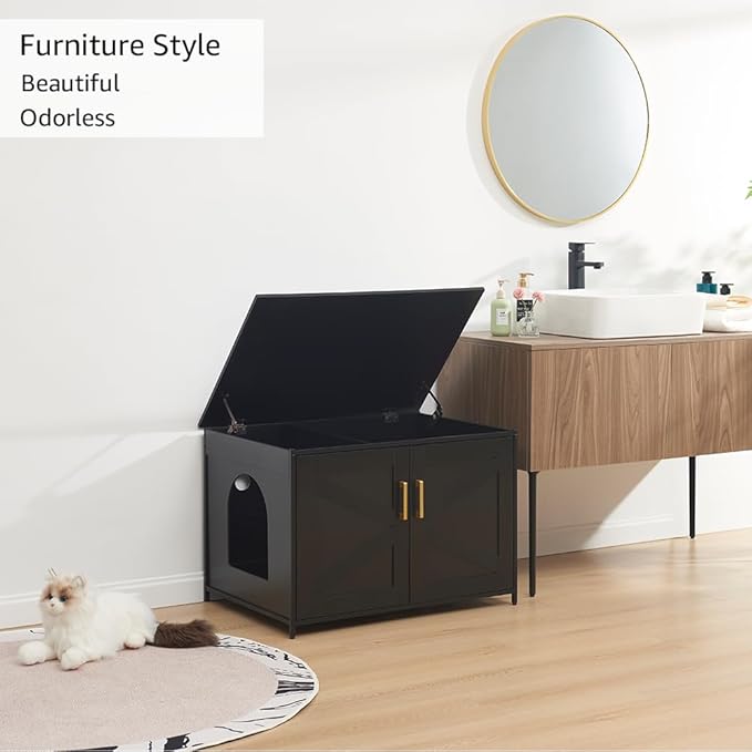 unipaws Black Top Opening Cat Litter Box Enclosure, Flip Top XL Extra Large Cat Box Furniture, Friendly to Elderly People, High Jumbo Automatic Litter Box Cover Hidden for Large Cat-Mewly Pet