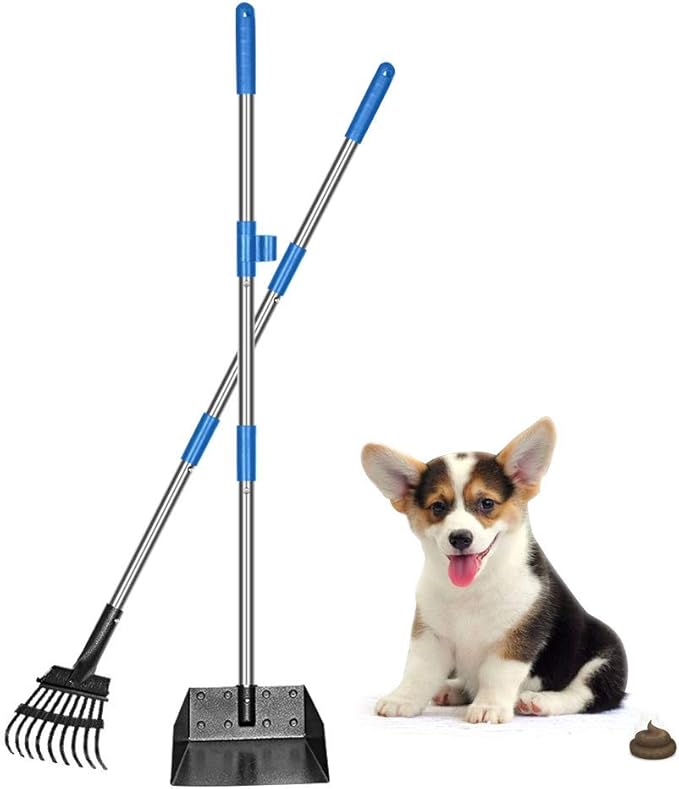 QiMH Upgraded Dog Pooper Scooper Extra Large, Adjustable Long Handle Stainless Metal Pet Poop Tray and Rake Set for Large Medium Small Dogs, Dog Waste Removal Bin Rake, Great for Grass, Street, Gravel-Mewly Pet