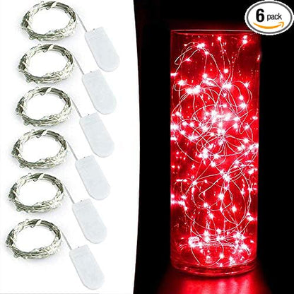 YKB 6 Pack Red LED Fairy Starry String Lights with 20 Mini LEDs on 6.6FT/2M Copper Wire, Fairy Lights Powered by 2xCR2032(Incl) Batteries, for Wedding Table Holiday Halloween Christmas Decorations