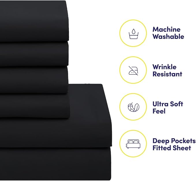 Sweet Home Collection 7 Piece Comforter Set Bag Solid Color All Season Soft Down Alternative Blanket & Luxurious Microfiber Bed Sheets, Black, Queen