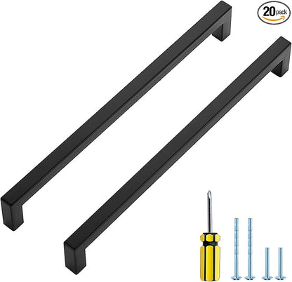 Ravinte 20 Pack Square Cabinet Pulls 10 Inch Black Kitchen Cabinet Handles Matte Black Kitchen Hardware for Cabinet Black Drawer Pulls Black Square Bar Cabinet Pulls Drawer Handles