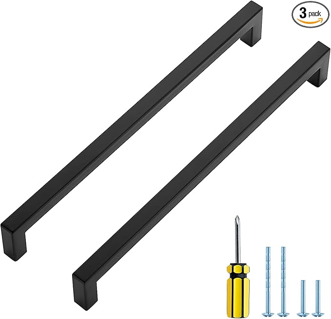 Ravinte 3 Pack Black Cabinet Pulls 10 Inch Square Kitchen Cabinet Handles Matte Black Kitchen Hardware for Drawer Pulls Drawer Handles Come with Screwdriver