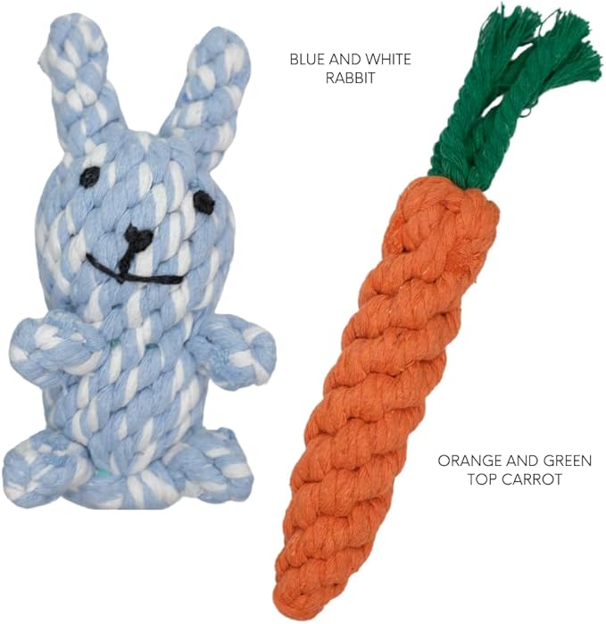 HILLBERRY Dog Rope Chew Toy Cotton Pink and Blue Rabbits and Carrot Bundle Set for Teething Puppy, Small, Miniature and Toy Breed Cute Pet Play Essentials-Mewly Pet