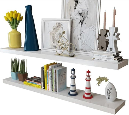 vidaXL Scandinavian-Modern MDF Floating Wall Display Shelves in White – Set of 2 Resistant Wall-Mounted DVD/Book Storage Shelves with Invisible Mounting System