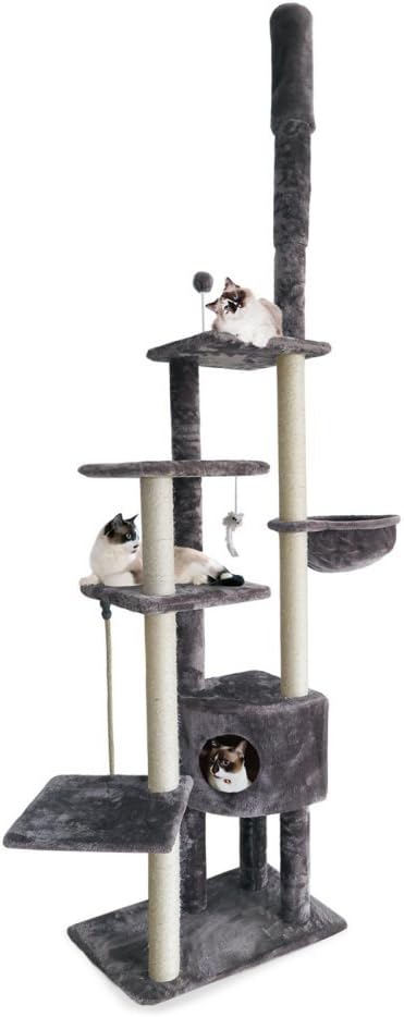 Furhaven 100"-113" Tall Cat Tree for Indoor Cats w/ Adjustable Height, Ft. Sisal Scratching Posts, Condo, & Toys - Tiger Tough Skyscraper Interactive Playground Tower - Gray, One Size-Mewly Pet