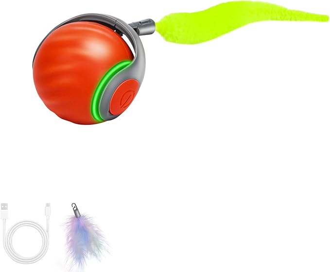 Speedy Tail 2.0 Interactive Cat Toy – Smart Self-Rolling Cat Ball with Feather Tail, Automatic Moving Motorized Toy for Indoor Cats, Chasing & Hunting Fun (Orange)-Mewly Pet