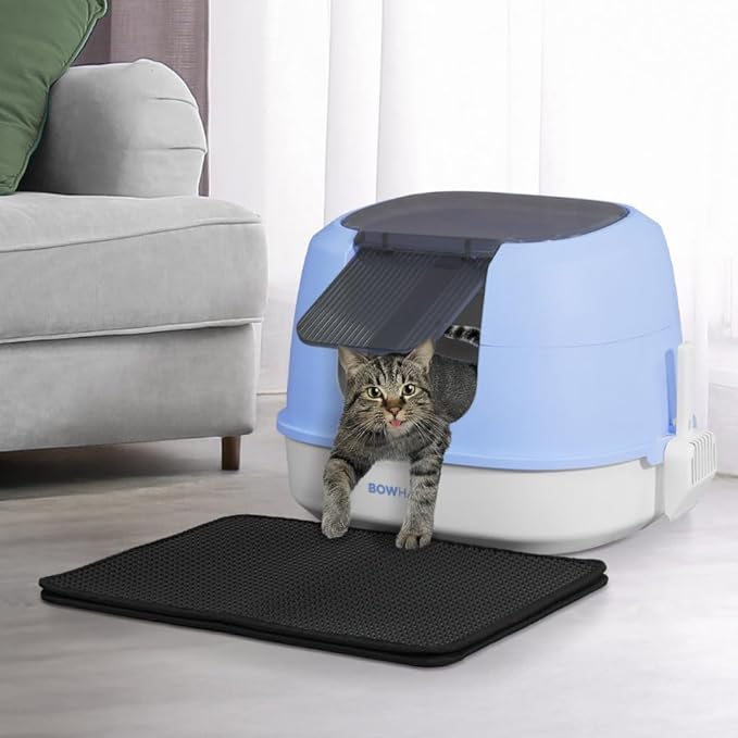 Detachable Cat Litter Box with Lid, 3-in-1 Cat Toilet of Cats, Large Space Anti-Leakage Cat Litter Box with Scoop, Cat Mat & Odor Fitter, Blue-Mewly Pet