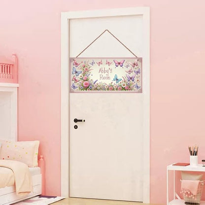 Personalized Sign Butterfly Wooden Sign For Kids Room Boys Bedroom Door Decor,Custom Name Flowers Wall Art Decor Decorative Plate for Nursery Little Man Cave