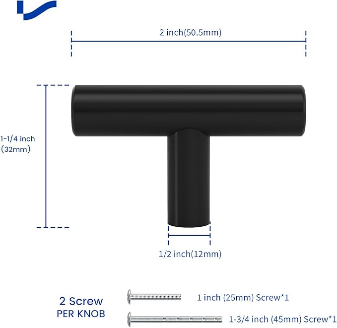 LONTAN 35 Pack Black Knobs for Cabinets and Drawers Kitchen Cabinet Knobs for Dresser Bathroom Modern T Bar Furniture Black Hardware,Stainless Steel