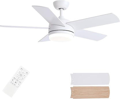 YUHAO 44 Inch White Ceiling Fan with Light and Remote Control.Noiseless,Dimmable,3CCT,6 Speeds Reversible, DC Ceiling Fans for Indoor or Covered Outdoor