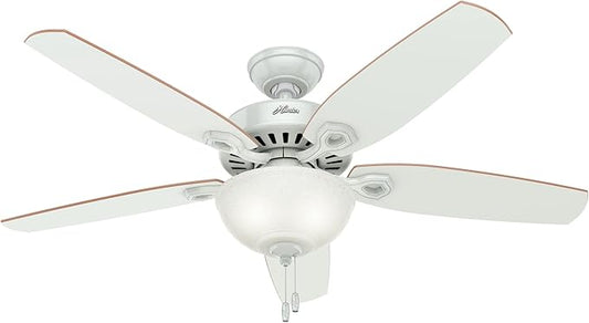 Hunter 52 inch Indoor Ceiling Fan with LED Light - White Ceiling Fan with Pull Chain, For Bedroom or Living Room, Standard Mount, No Remote, 5 Blades, Includes Bulbs - Builder Deluxe 53089, White