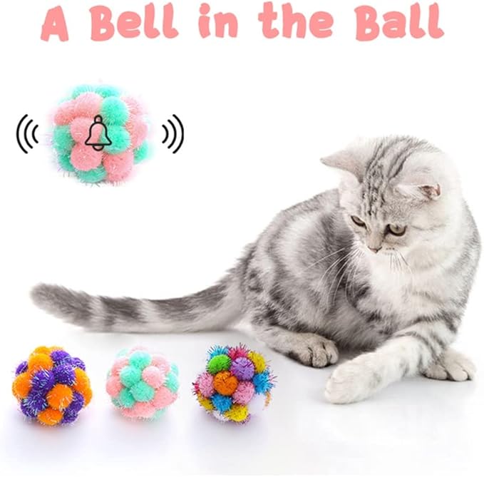TUSATIY Cat Toys Ball with Bells 3PCS, Color Cat Pom Pom Balls,Tinsel Sparkle Balls,Interactive Toy for Indoor Cats Kitten-Mewly Pet