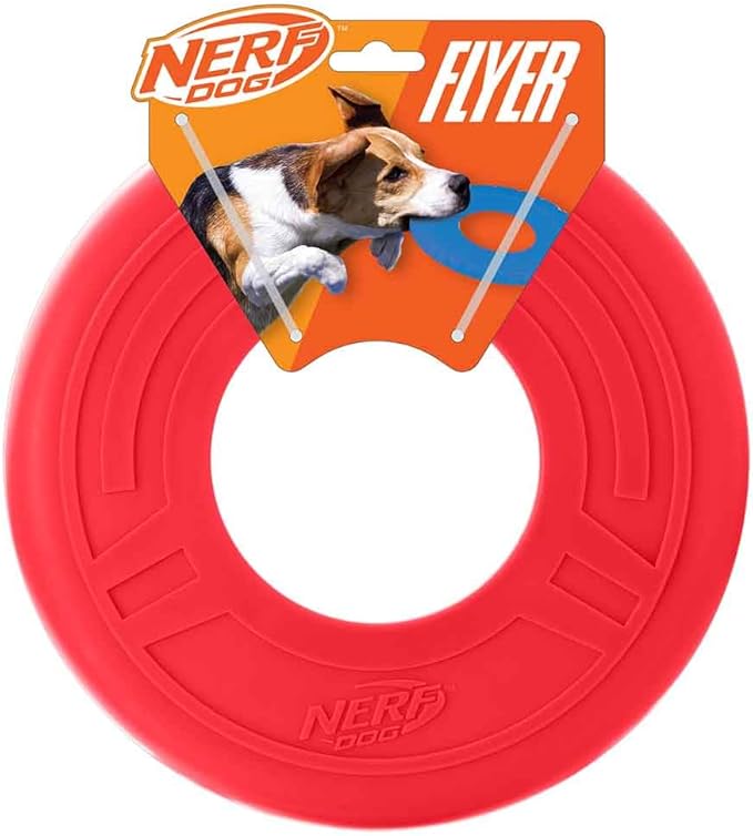 Nerf Dog Atomic Flyer Outdoor Dog Toy, 10 Inch Flying Disc Dog Fetch Toy, Rubber Dog Toy for Medium Dogs and Large Dogs, Red-Mewly Pet