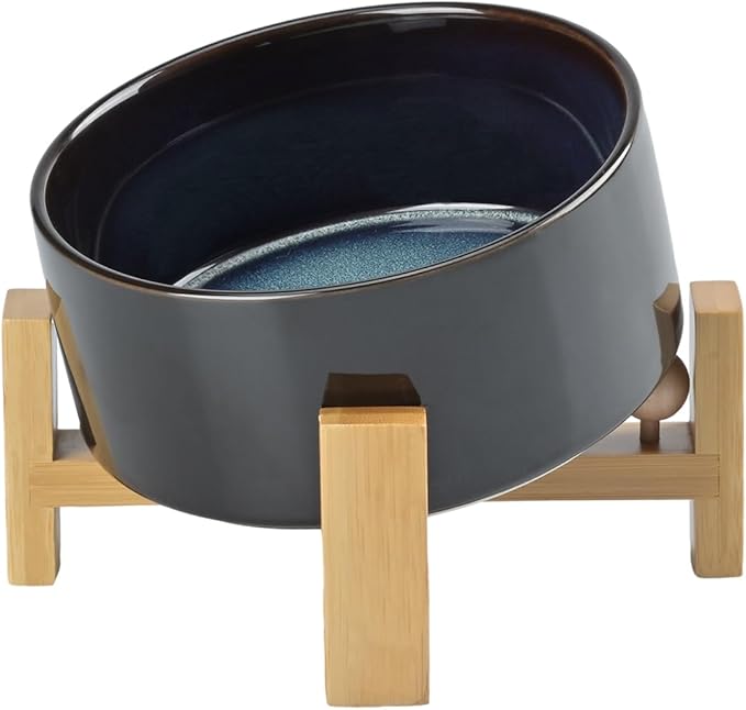 SPUNKYJUNKY 15° Slanted Ceramic Dog and Cat Bowl with Wooden Stand, Tilted Bulldog Food and Water Bowl No Slip Non-Spill for Cats Medium Dogs Big Face Pets 28.7 OZ (3.6 Cups, Starry Blue)-Mewly Pet