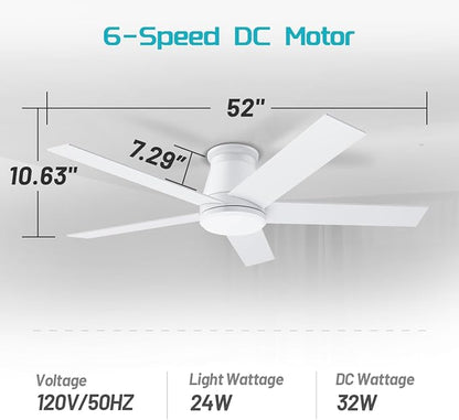 wurzee 52" Ceiling Fan with Light, White,6 Speeds DC Reversible Motor,Timing, Dimmable for Bedroom, Kitchen, Patios