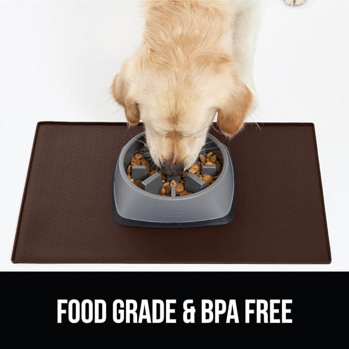 GORILLA GRIP 100% Waterproof Raised Edge BPA Free Silicone Pet Feeding Mat, Dog Cat Food Mats Contain Spills Protects Floors, Placemats for Cats and Dogs Water Bowl, Pets Accessories 16x10, Brown-Mewly Pet