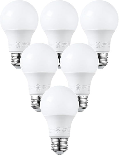 TORCHSTAR A19 LED Light Bulbs 60W Equivalent, UL Listed, 5000K Daylight, Dimmable, 9W, 800lm, Flicker Free, E26 Standard Base LED Bulb for Ceiling Fan, Lamp, 15,000hrs, Pack of 6