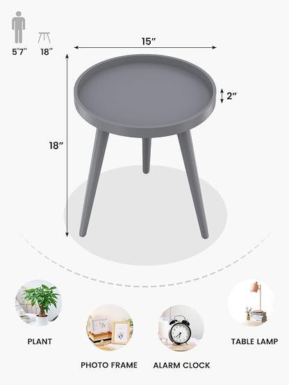 Apicizon Grey Round Side Table Set of 2, Tray Nightstand Sofa Coffee End Table for Living Room, Bedroom, Small Spaces, Easy Assembly Bedside Table, 15 x 18 Inches, Grey