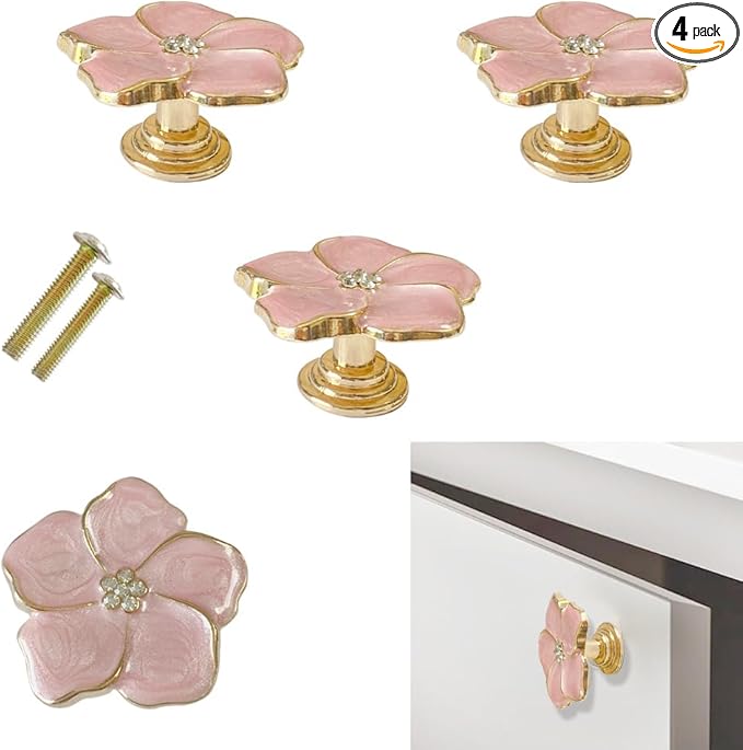 4 pcs Flower Petal Knobs,Creative Silver Flower Drawer Pulls Handles with Screws Single Hole Handle for Cabinet, Dressing ，Home Decor Handles (Flour Gold)