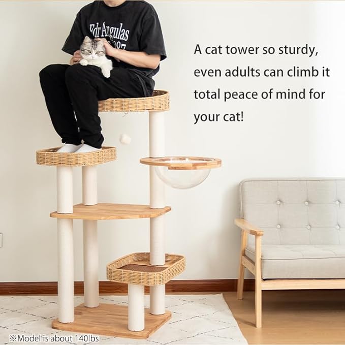 48'' Cat Tree for Large Cats, Modern Cat Tree Multi-Level Condo with Natural Wood, Cat Activity Centre for Medium and Big Pets (White LS02)-Mewly Pet