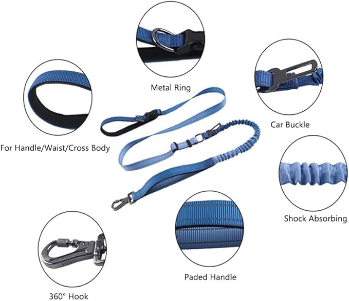 Hands Free Dog Leash for Large Medium Dogs Heavy Duty Bungee Reflective Adjustable Waist Leashes for Walking Running with Car Buckle 4-6FT (Blue)-Mewly Pet