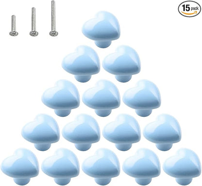 HUAMULAN 15PCS Glossy Ceramic Knobs Heart Shape Cabinet Dresser Pulls Door Handles Cupboard Wardrobe Drawer,Blue