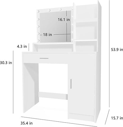 Vanity Desk with Mirror and Light, Large Drawer and Three Level Storage Dresser, 3 Lighting Modes Adjustable Brightness, Bedroom Dressing Table (White)