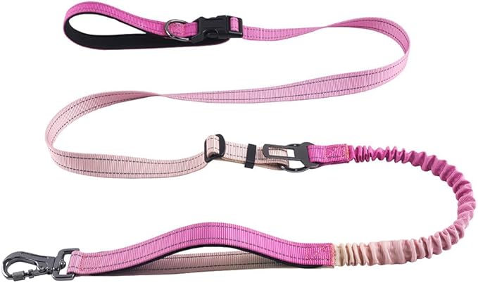 Hands Free Dog Leash for Large Medium Dogs Heavy Duty Bungee Reflective Adjustable Waist Leashes for Walking Running with Car Buckle 4-6FT (Rose)-Mewly Pet